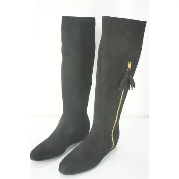 Stuart Weitzman Tass black suede wedge Tall boots size 6.5 New $635 gold zip